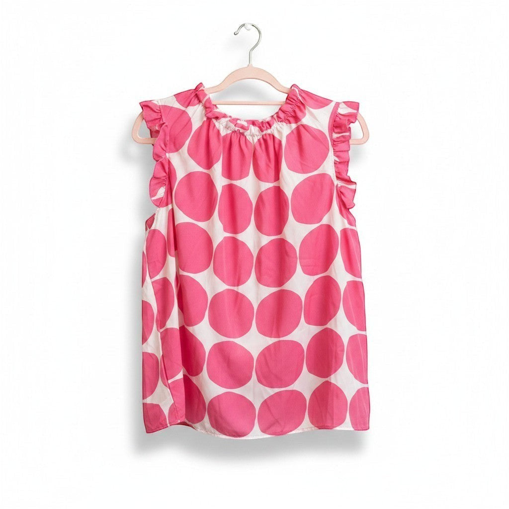 Chic Collective fuchsia and ivory big polka dot ruffle blouse with short sleeves and a gathered neckline.