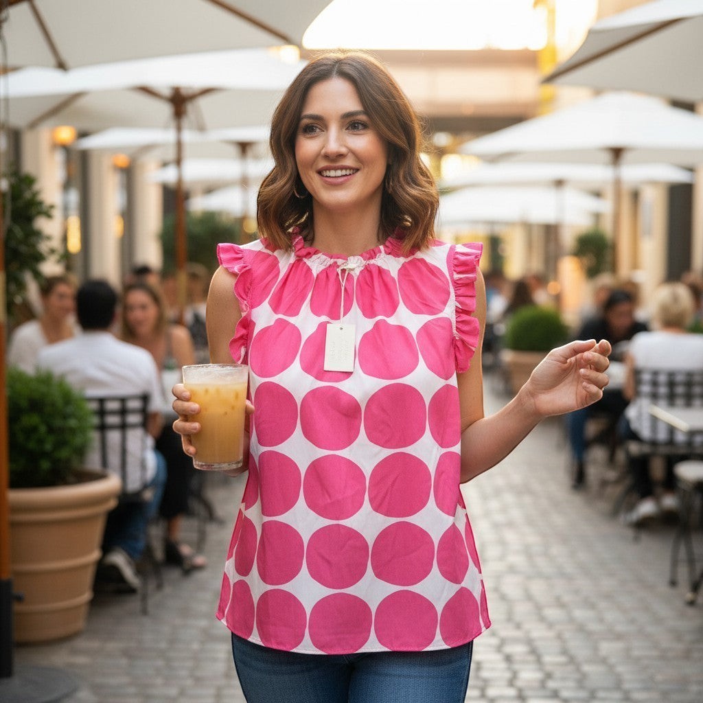 Chic Collective fuchsia and ivory big polka dot ruffle blouse with a tie neckline. Model holds a drink outdoors.