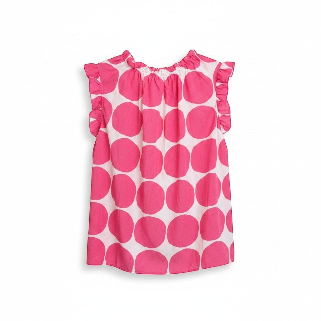 Chic Collective fuchsia and ivory big polka dot ruffle blouse with smocked neckline and flutter sleeves.
