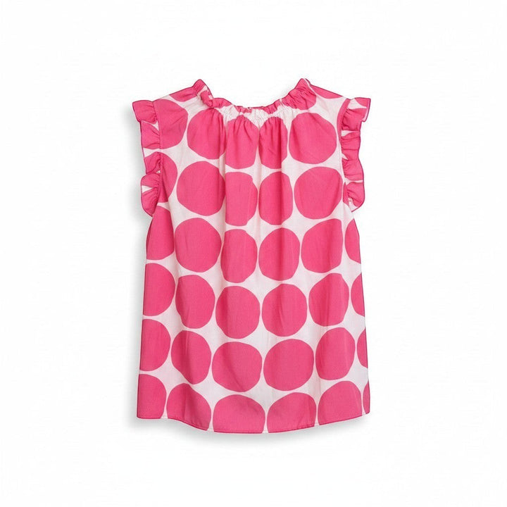 Chic Collective fuchsia and ivory big polka dot ruffle blouse with smocked neckline and flutter sleeves.