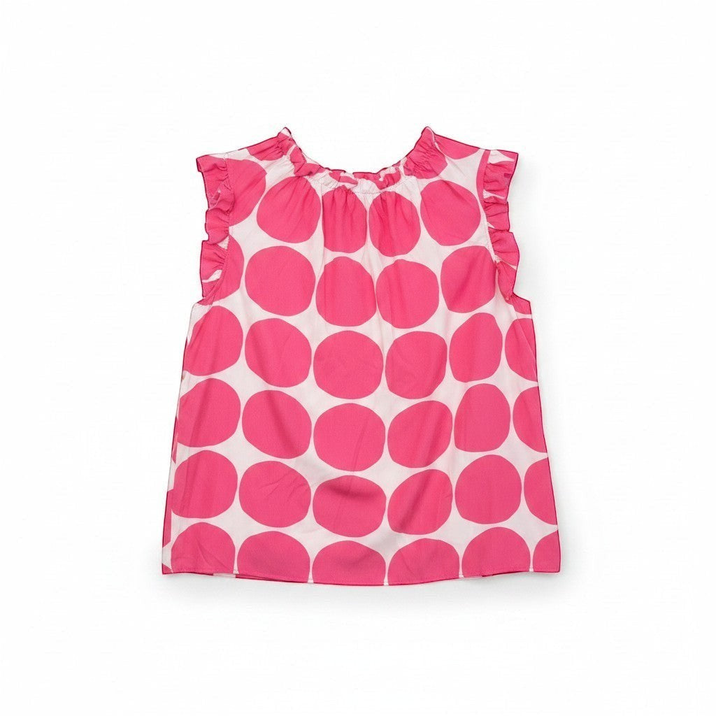 Chic Collective fuchsia and ivory big polka dot ruffle blouse with short sleeves and a gathered neckline.