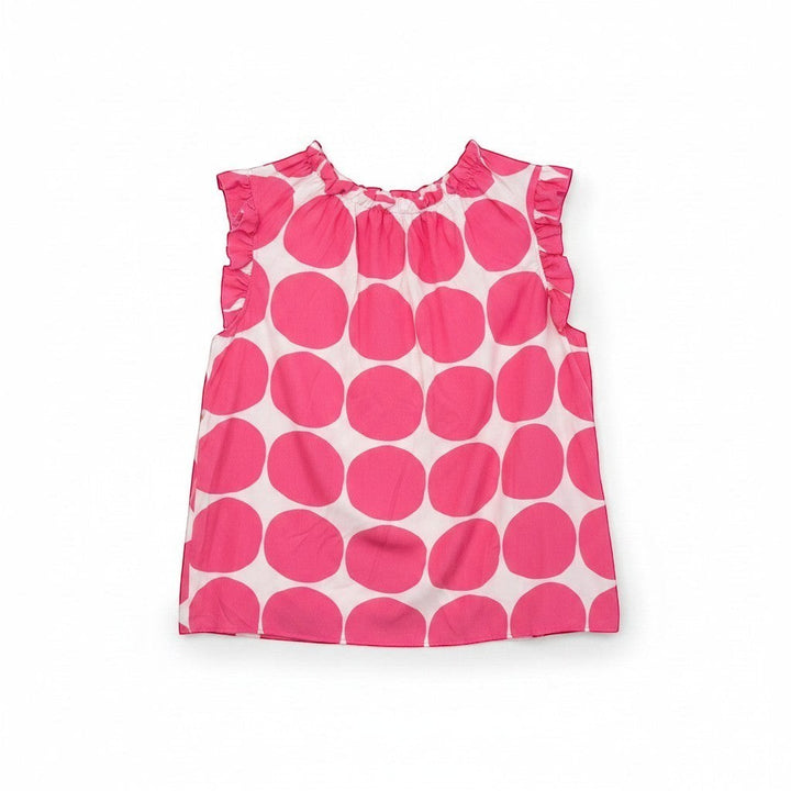 Chic Collective fuchsia and ivory big polka dot ruffle blouse with short sleeves and a gathered neckline.