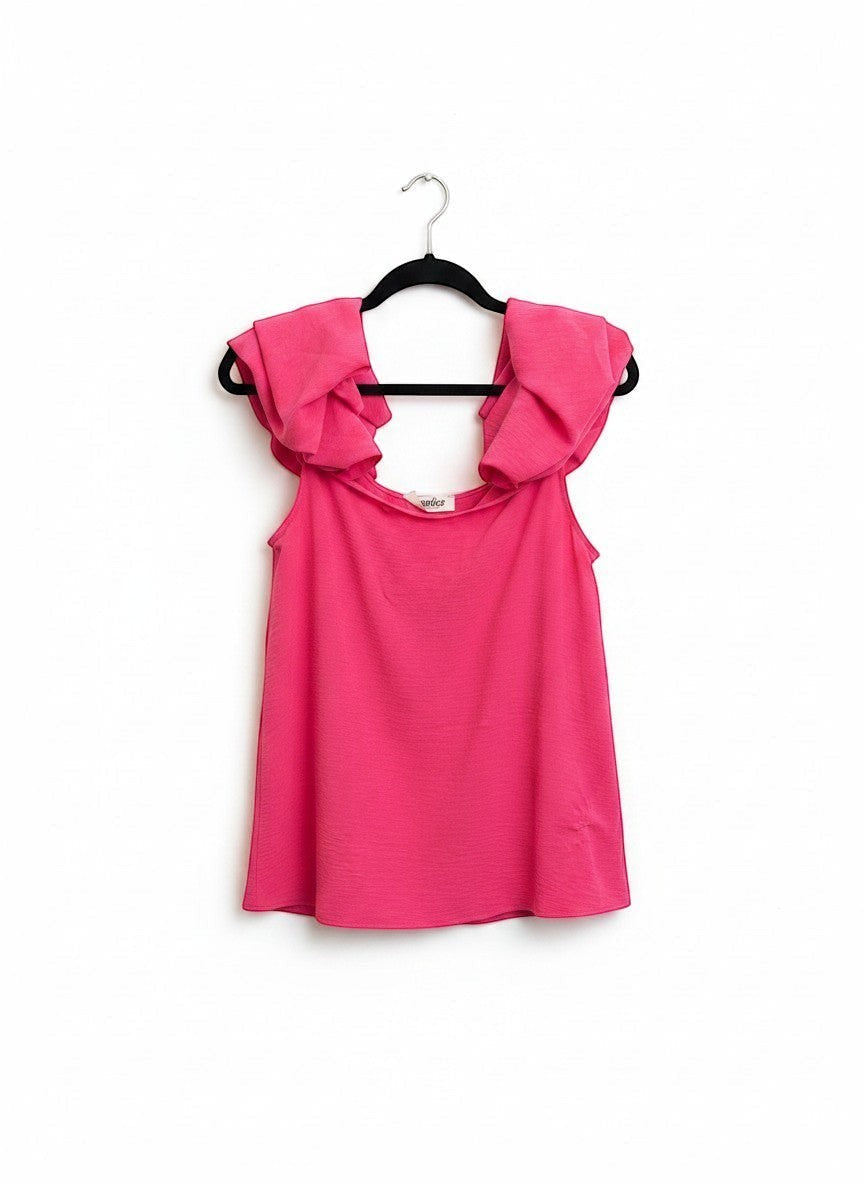 Chic Collective fuchsia solid color tank top with ruffled scrunch sleeves and a textured finish.