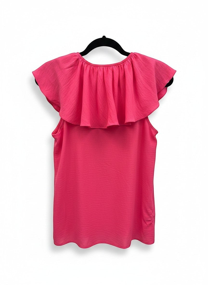 Chic Collective fuchsia solid color tank top with scrunch sleeve detail and ruffled neckline.