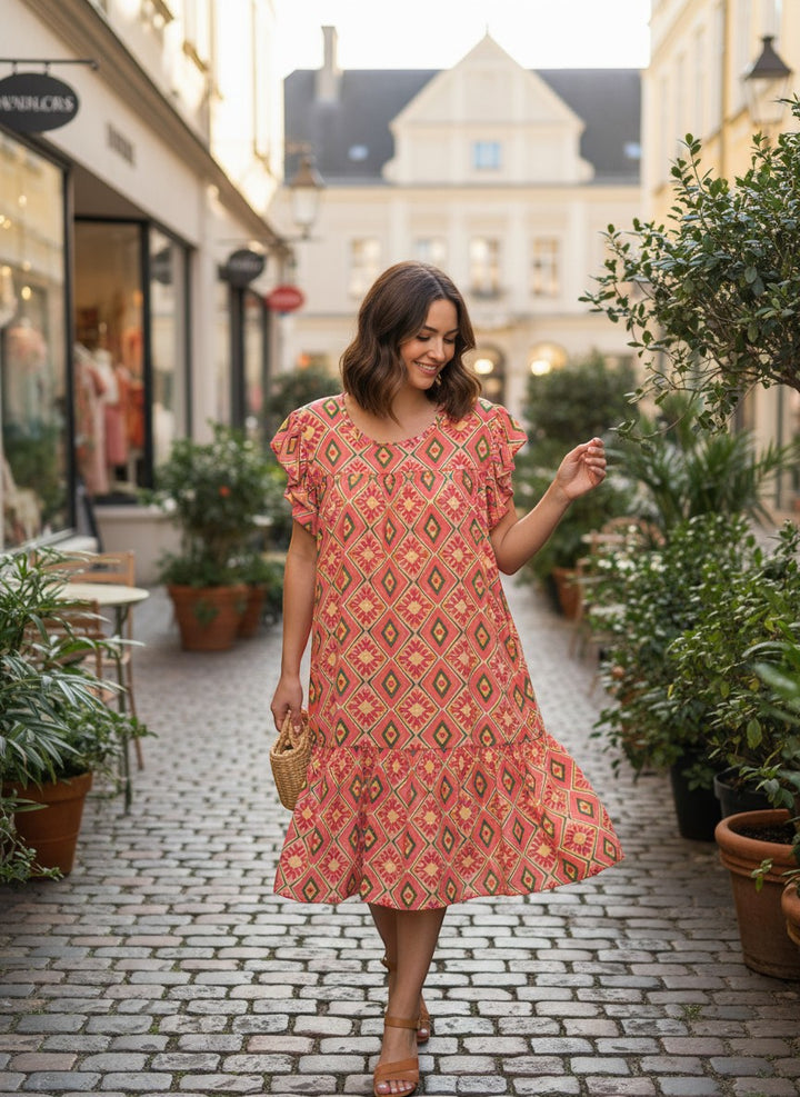 Chic Collective coral, yellow, and green geometric print tiered ruffle sleeve midi dress.