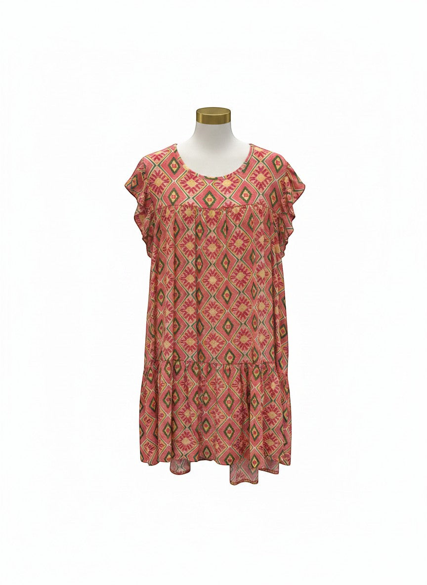 Chic Collective coral, yellow, and green geometric print tiered dress with ruffle sleeves.