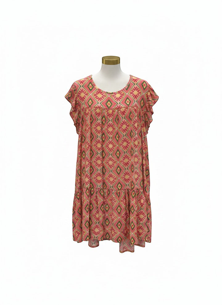 Chic Collective coral, yellow, and green geometric print tiered dress with ruffle sleeves.