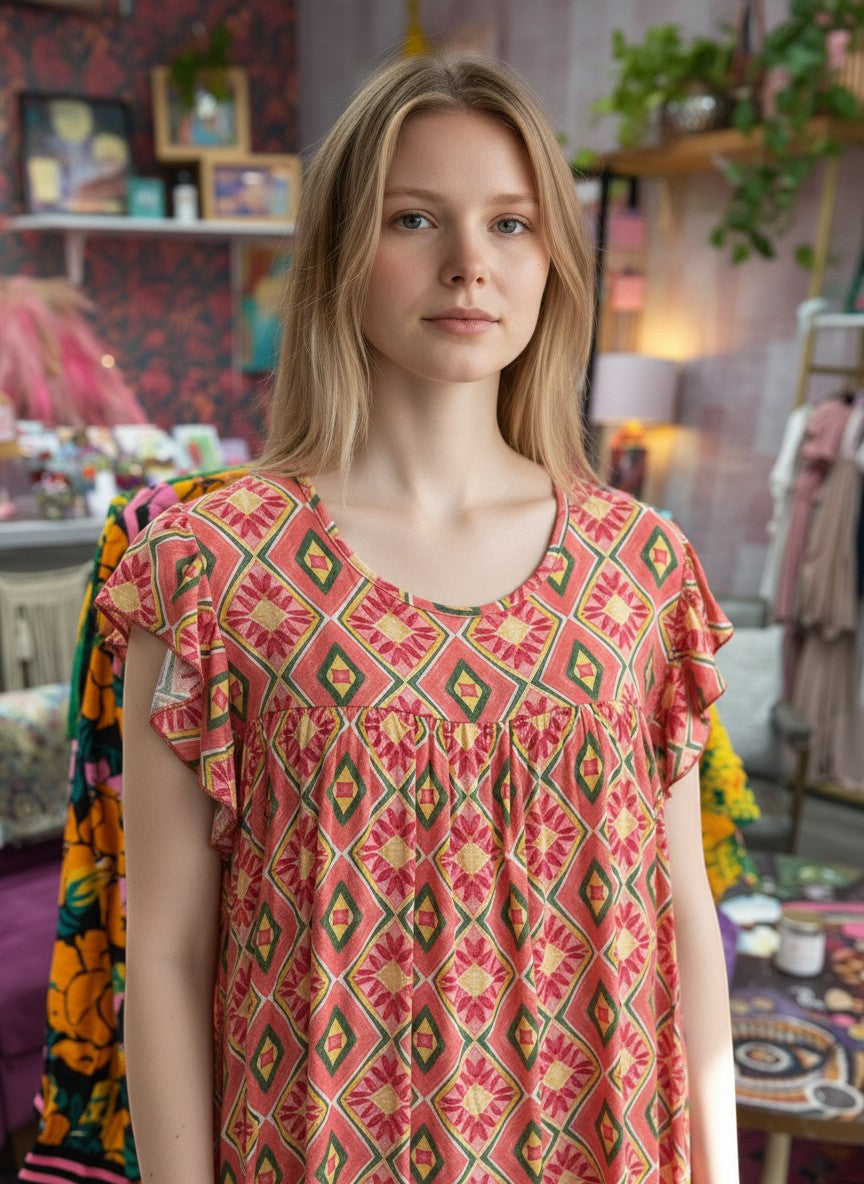 Chic Collective coral, yellow, and green geometric print tiered dress with ruffle sleeves.