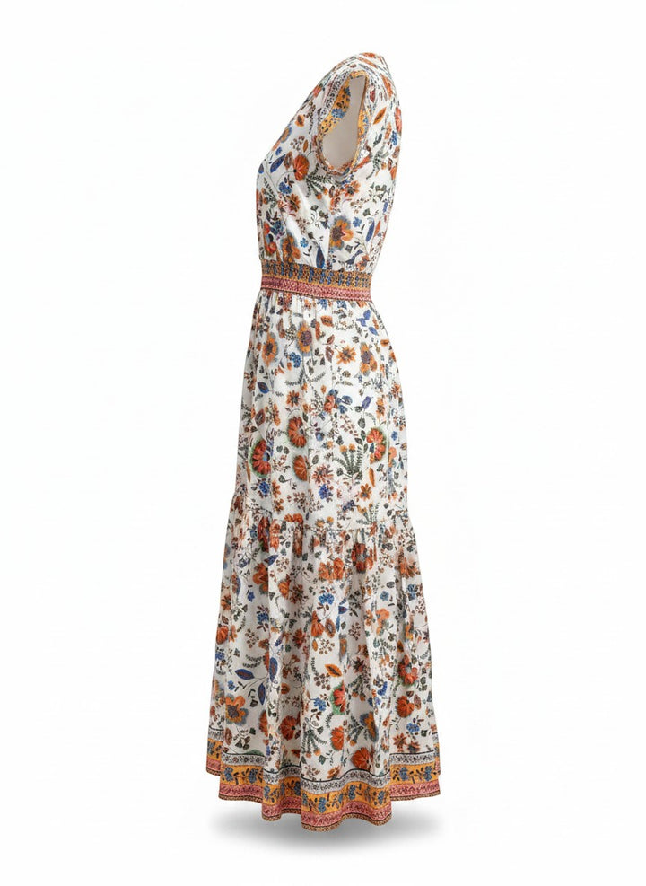 Chic Collective Gibson Paisley Maxi Dress with floral print, smocked waist, tiered skirt, and short sleeves.