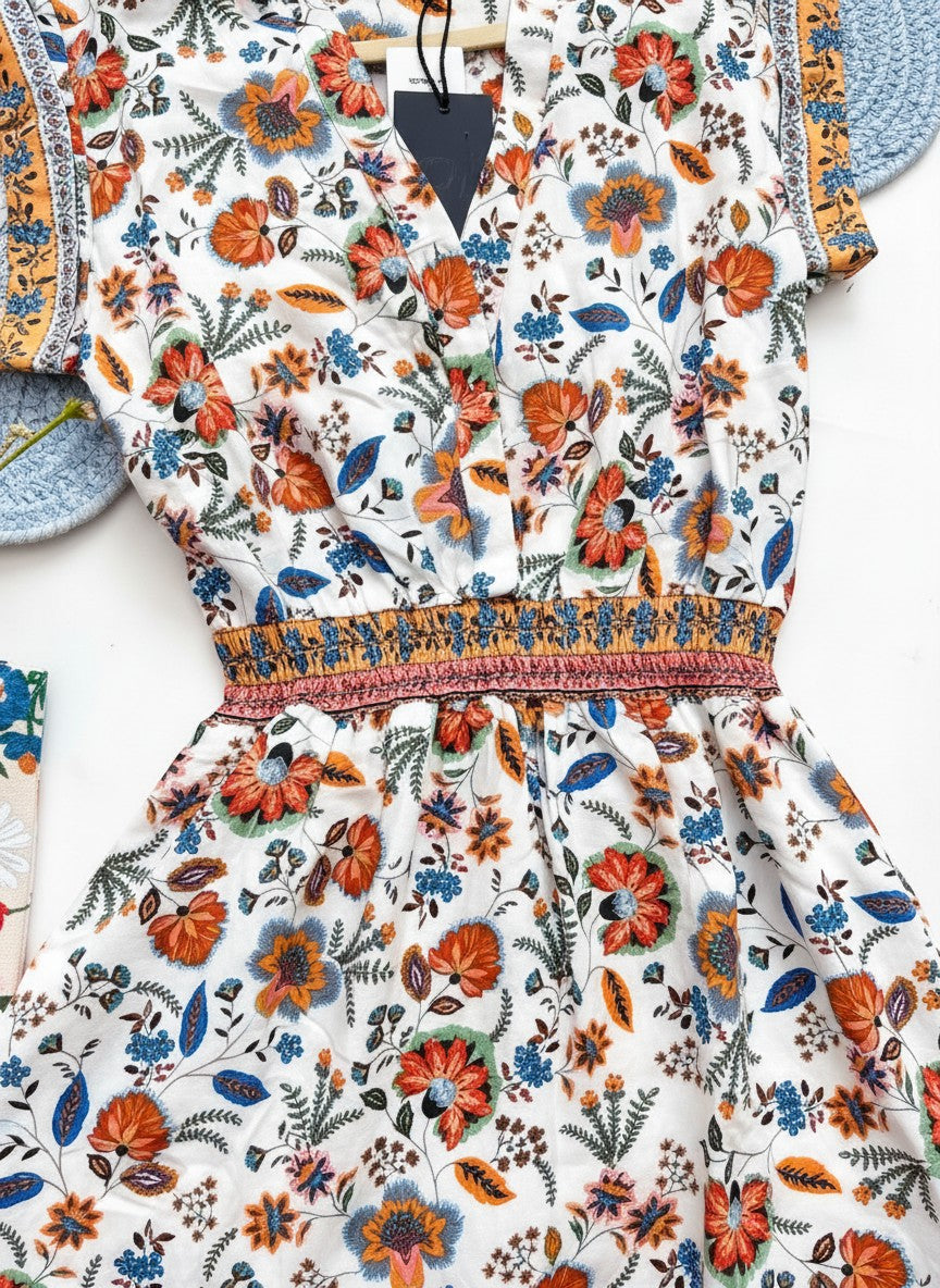 Chic Collective Gibson Paisley Maxi Dress M, white with orange, blue, and yellow floral print, V-neck, short sleeves, and elasticated waist.