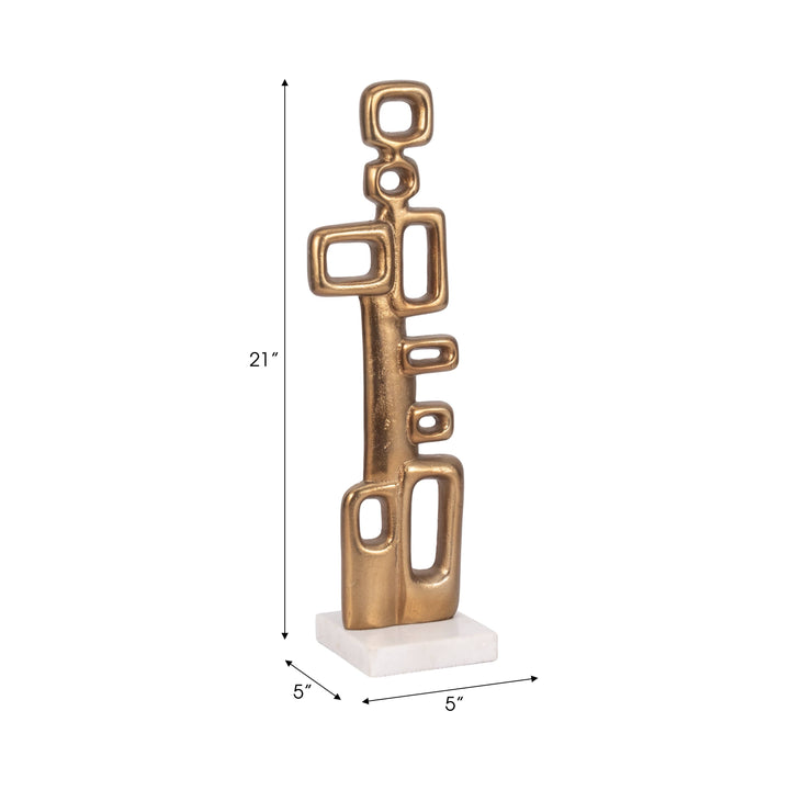 Chic Collective gold abstract metal sculpture on marble base, 21 inches tall, modern geometric design.