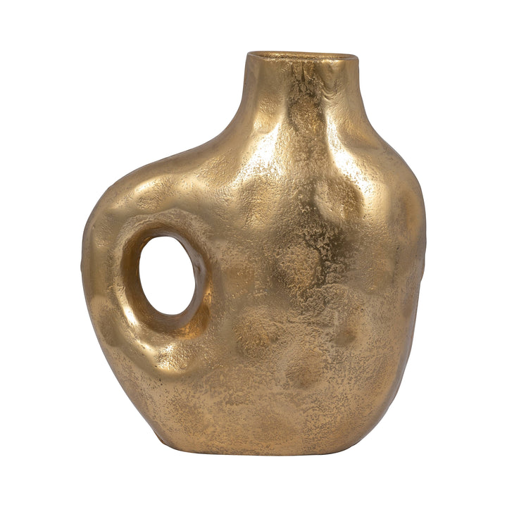 Chic Collective gold aluminum vase with hammered texture and cut-out detail. Modern, novelty design.