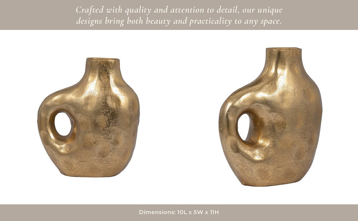 Chic Collective gold hammered aluminum vase with cut-out detail, 11 inches tall, modern novelty design.