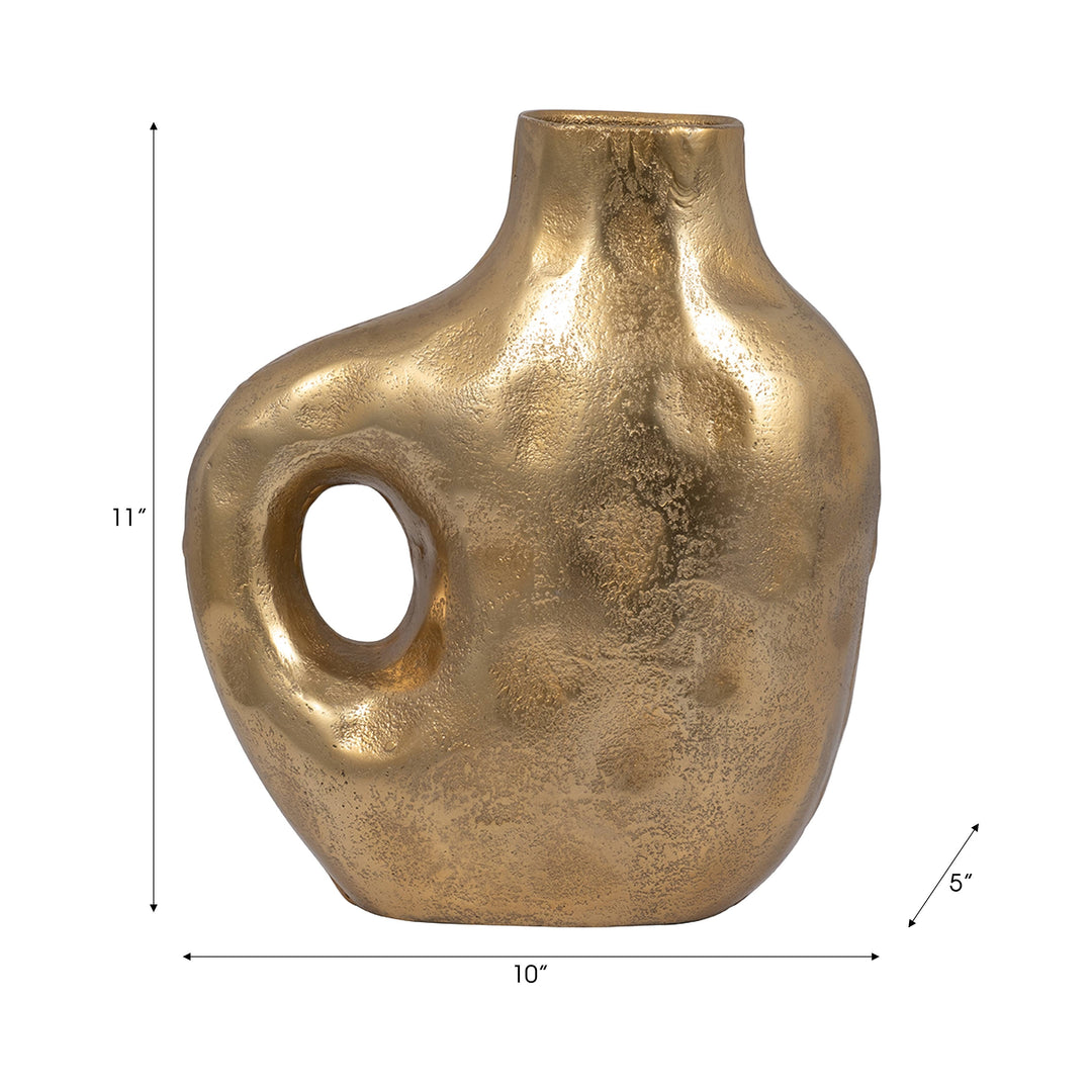 Chic Collective gold aluminum vase with hammered texture and cut-out detail. Modern, 11-inch tall novelty decor.