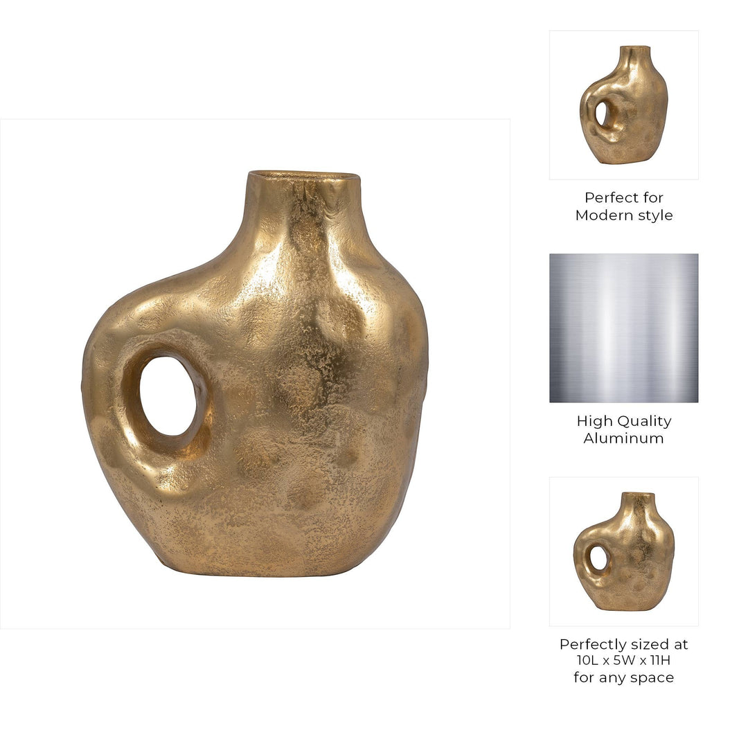 Chic Collective gold hammered aluminum vase with cut-out detail, 11 inches tall, modern novelty style.