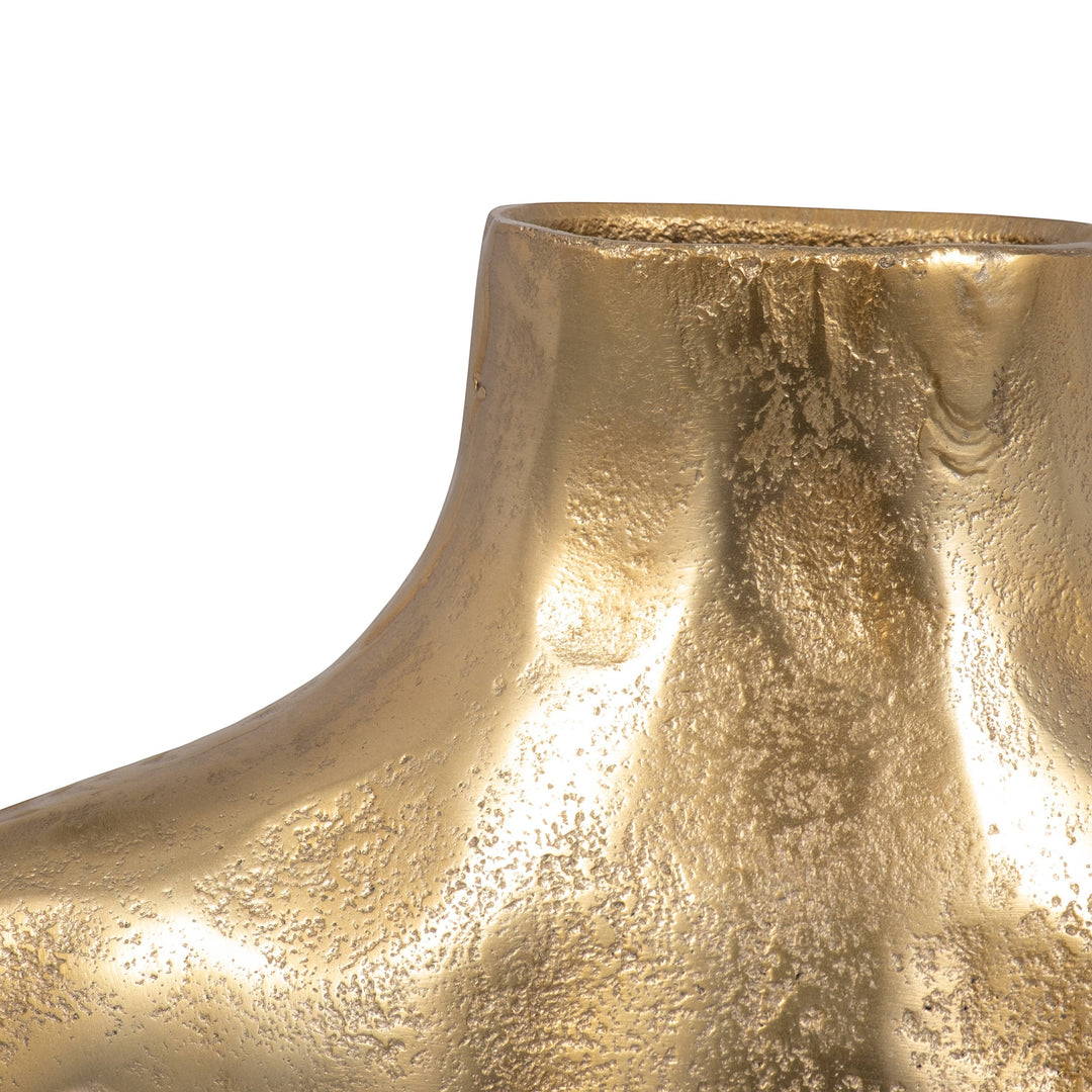 Chic Collective gold aluminum vase with hammered texture and cut-out details, 11 inches tall, modern novelty style.