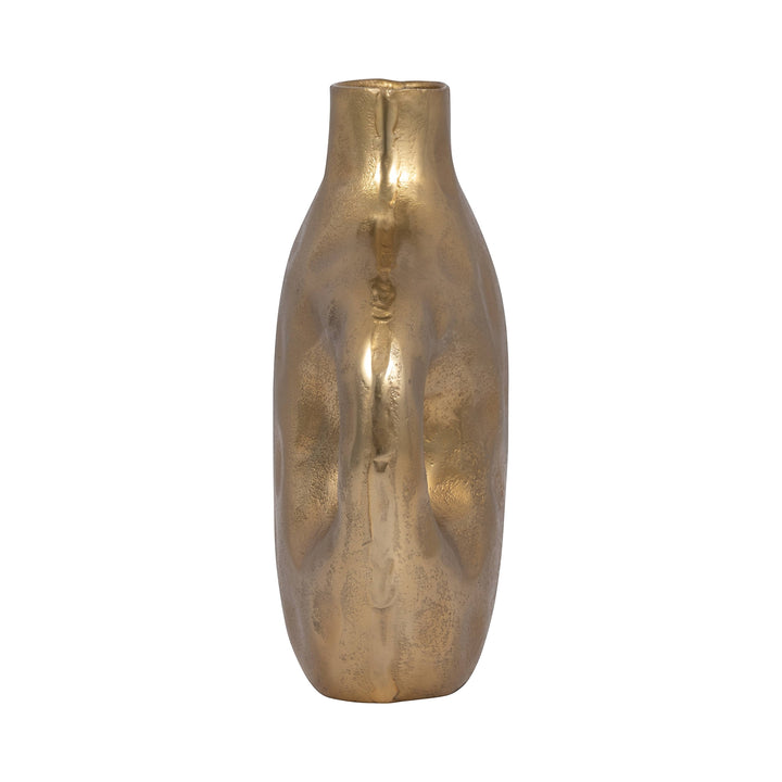 Chic Collective gold 11-inch hammered aluminum vase with a modern cut-out design, perfect for floral arrangements or as a standalone decor piece.