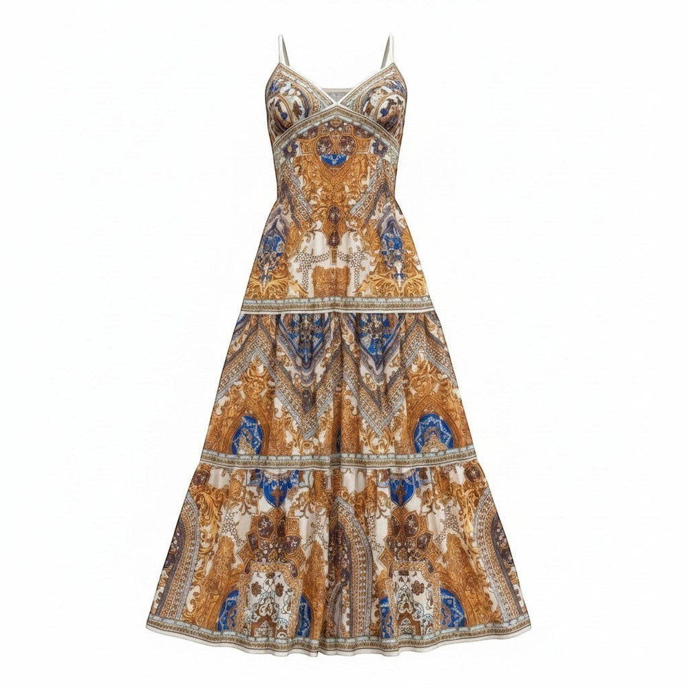 Chic Collective ornate print tiered maxi dress with spaghetti straps and sweetheart neckline in gold and blue.