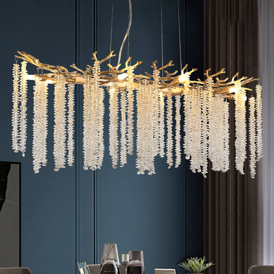 Chic Collective modern gold pendant light with cascading crystal strands, 39.4" rectangular chandelier.