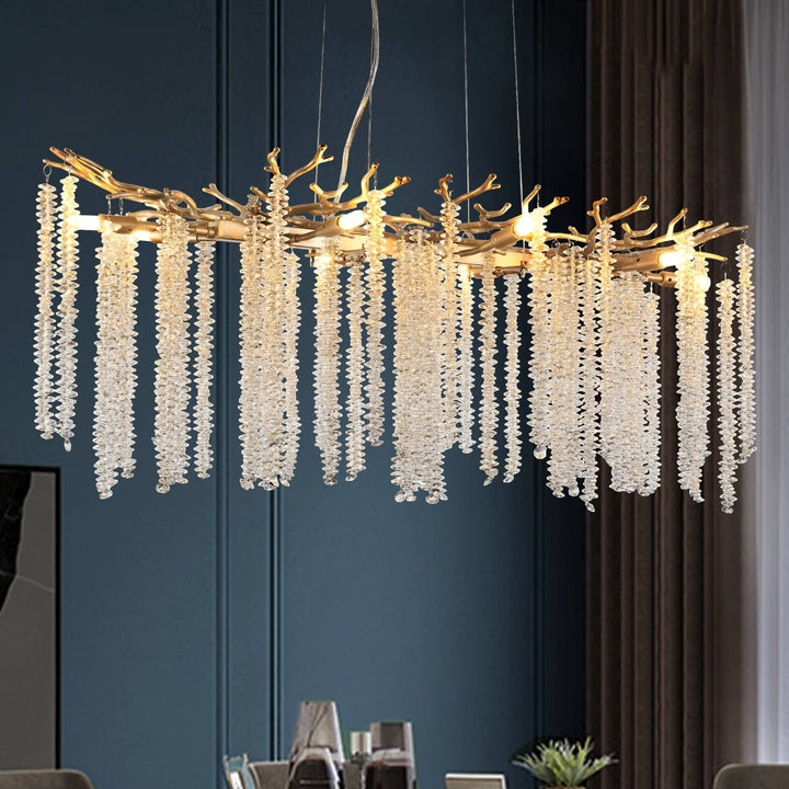 Chic Collective modern gold pendant light with cascading crystal strands, 39.4" rectangular chandelier.