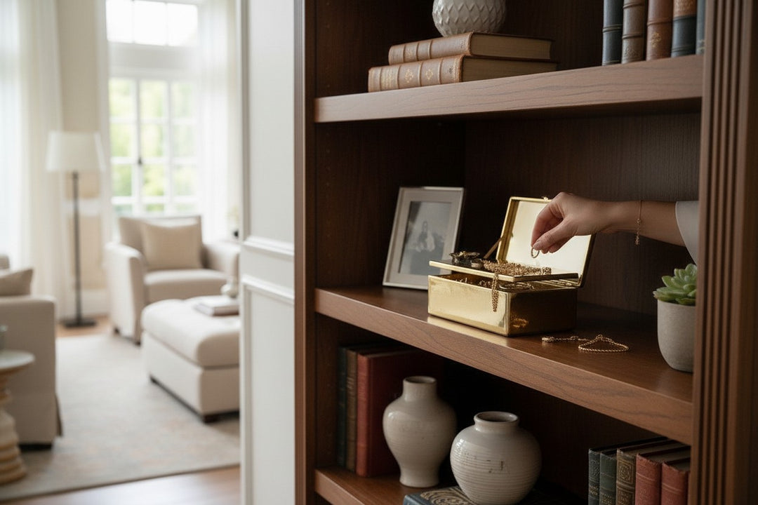 Chic Collective oblong gold decorative box with flower design lid, holding jewelry. A hand places a ring inside.