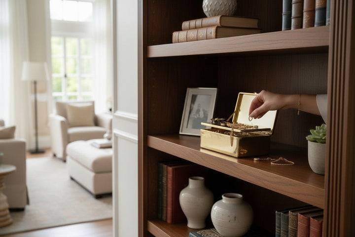 Chic Collective oblong gold decorative box with flower design lid, holding jewelry. A hand places a ring inside.