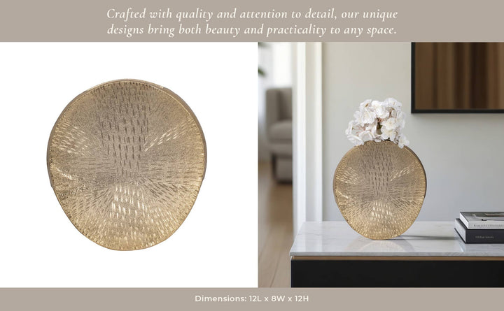 Chic Collective metallic gold oval vase with etched texture, 12 inches tall, ideal for modern decor.