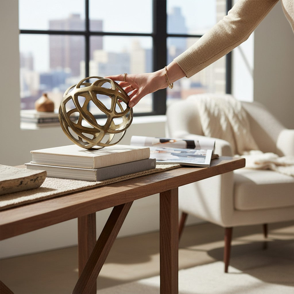 Chic Collective gold metal geometric sphere decor on stacked books, contemporary design, airy feel.