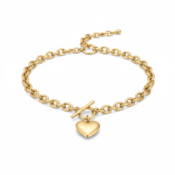 Chic Collective gold-tone chunky link chain necklace and bracelet set with heart charm and toggle clasp.
