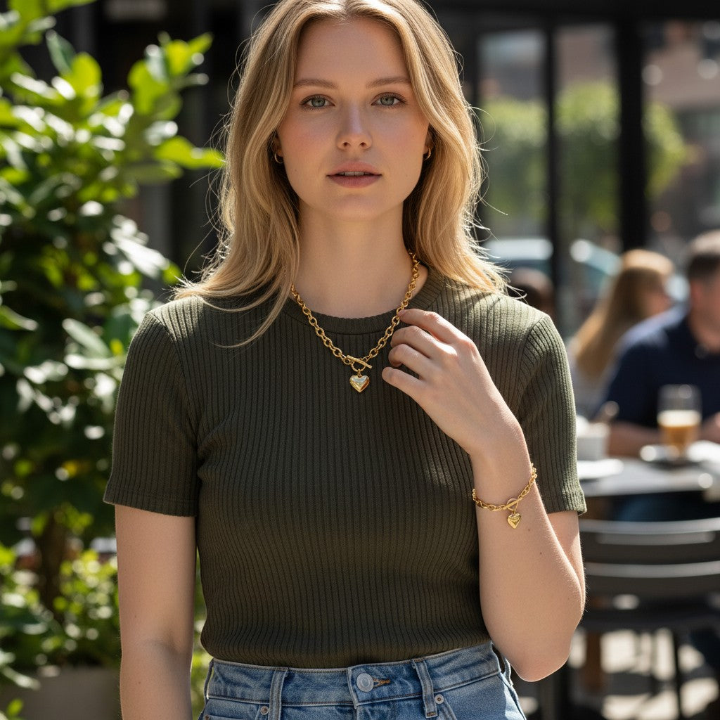 Chic Collective gold-tone chunky link chain necklace and bracelet set with heart charm and toggle clasp.