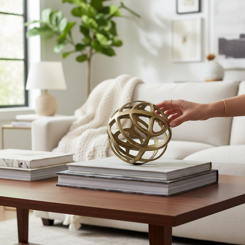 Chic Collective gold metal geometric sphere decor on stack of books in a living room.
