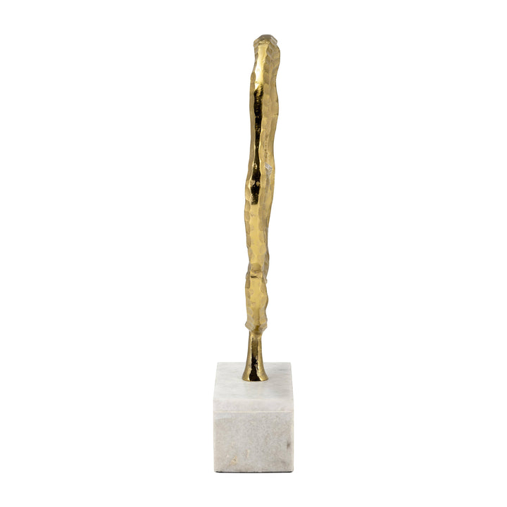 Chic Collective gold abstract metal sculpture with hammered texture on a white marble base, 21 inches tall.