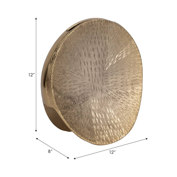 Chic Collective 12-inch metallic gold oval decorative vase with etched texture. Made of metal and aluminum.