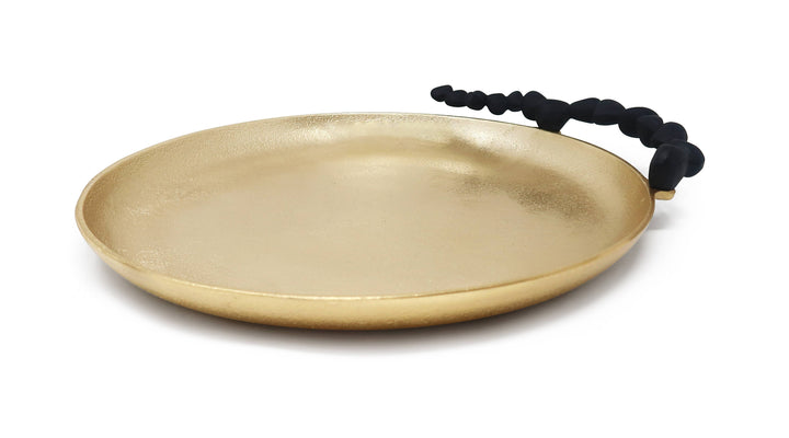 Chic Collective gold round serving tray with black pebble handles, ideal for drinks, decor, or snacks.