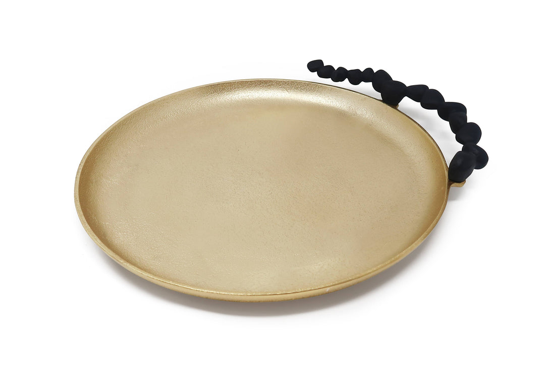 Chic Collective gold round tray with black pebble handles, ideal for serving or decor.