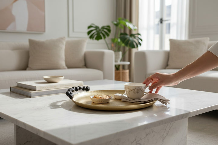 Chic Collective gold round serving tray with black pebble handles, holding a cup and saucer.