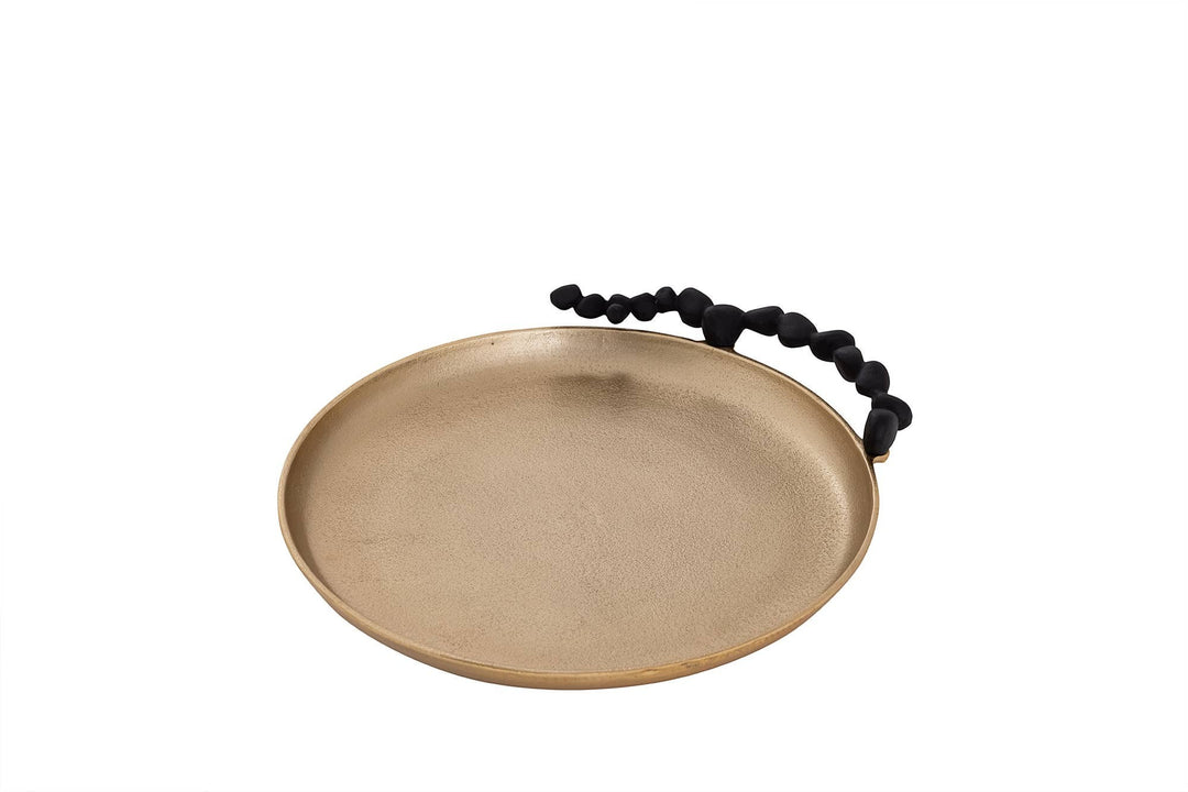 Chic Collective gold round serving tray with black pebble-shaped handles, ideal for drinks or decor.