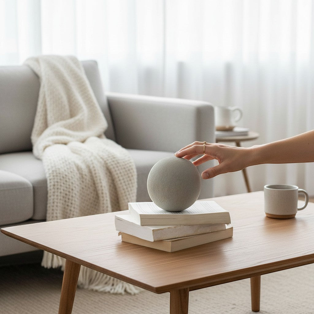 Chic Collective coastal gray textured terracotta deco ball on stack of books.