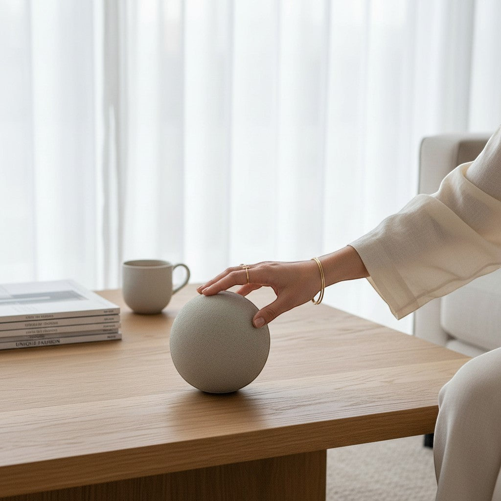 Chic Collective coastal gray textured terracotta deco ball with sandy finish on a wooden table.