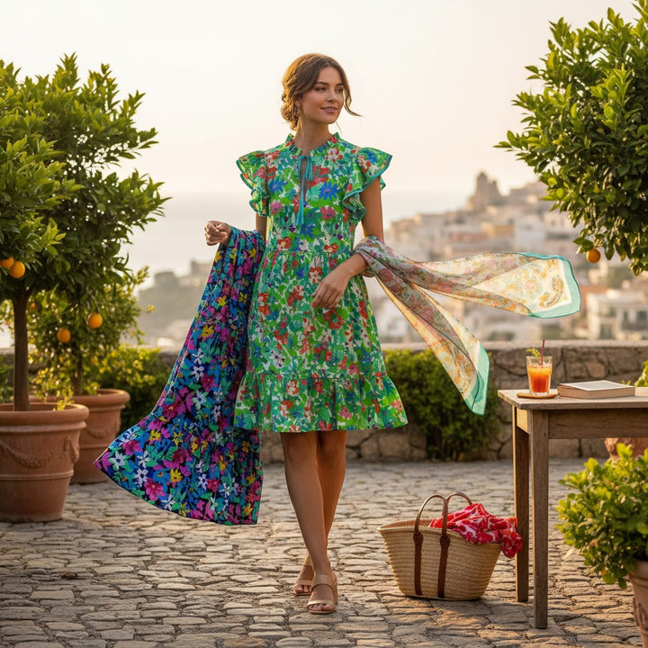 Chic Collective green floral print dress with ruffled sleeves and hem, tied neckline. Model holds a matching floral scarf.