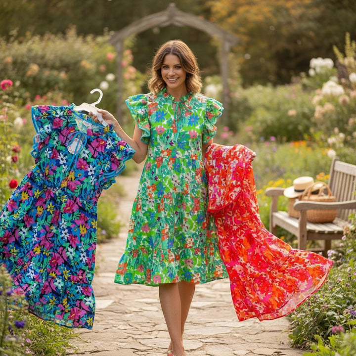 Chic Collective green floral print midi dress with ruffled sleeves and tie neck, held by a smiling woman in a garden setting.