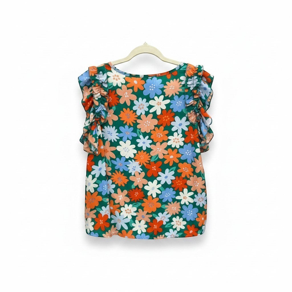 Chic Collective green coral blue floral flutter top with short ruffled sleeves.