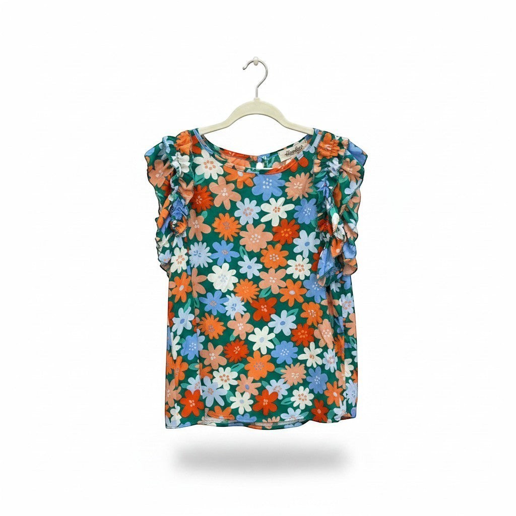 Chic Collective green, coral, and blue floral print flutter sleeve top. Lightweight fabric with a vibrant, all-over flower pattern.