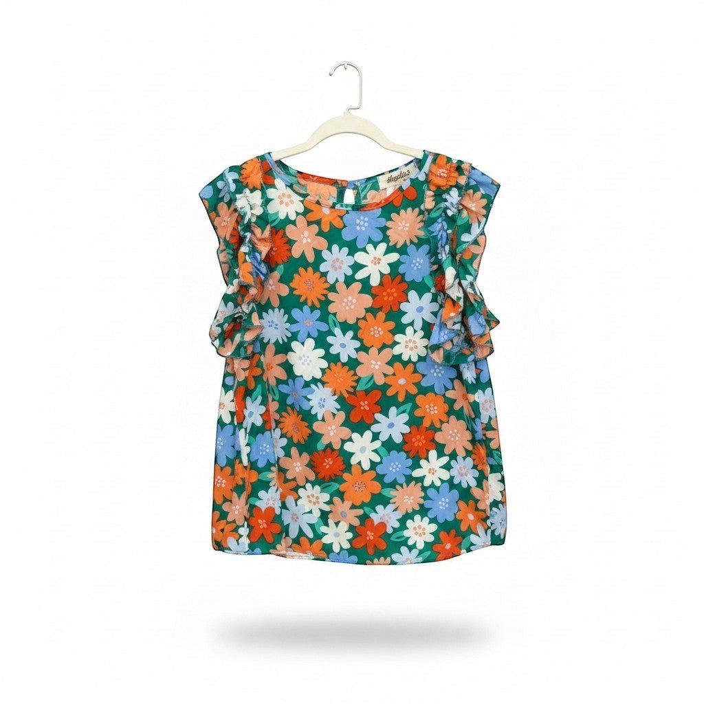 Chic Collective green coral blue floral flutter top with short flutter sleeves and a round neckline.