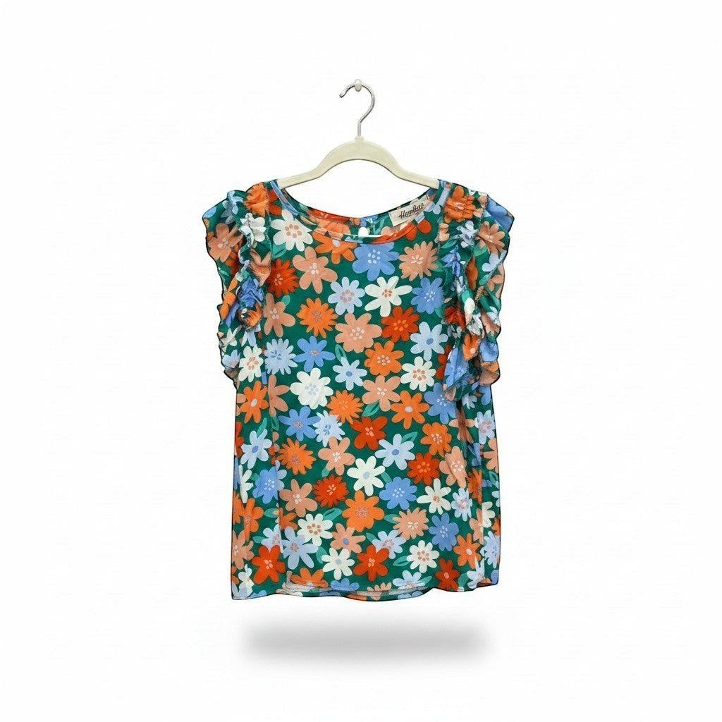 Chic Collective green coral blue floral flutter sleeve top with a round neckline.