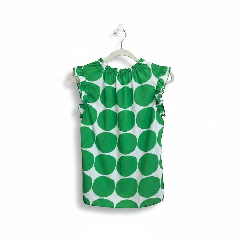 Chic Collective green and ivory big polka dot ruffle blouse with short flutter sleeves and gathered neckline.