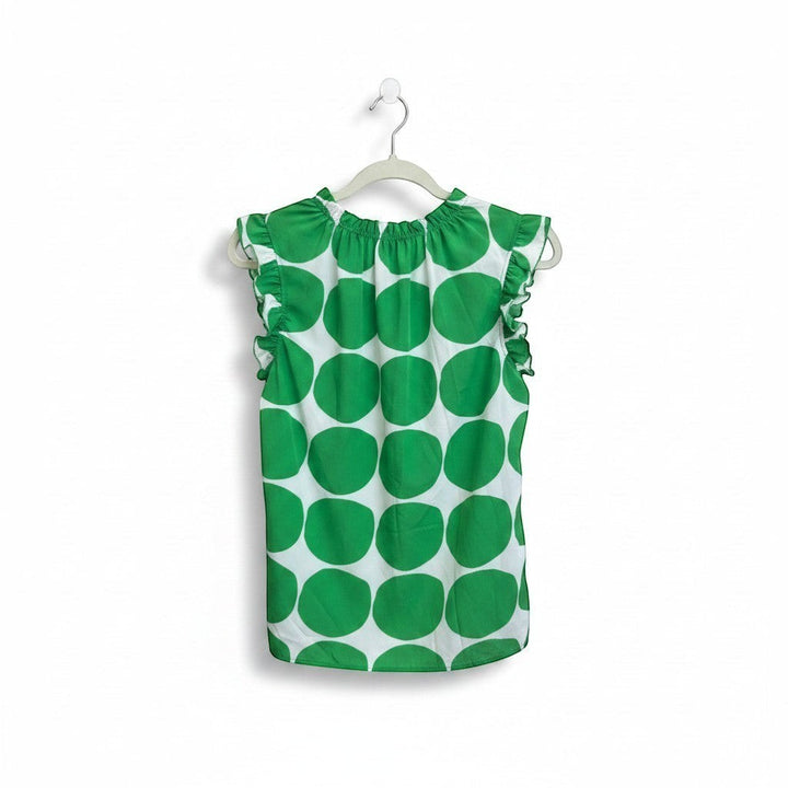 Chic Collective green and ivory big polka dot ruffle blouse with short flutter sleeves and gathered neckline.