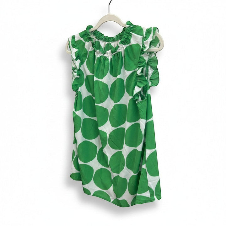 Chic Collective green and ivory blouse with large polka dots and ruffle trim. Sleeveless design with a gathered neckline.