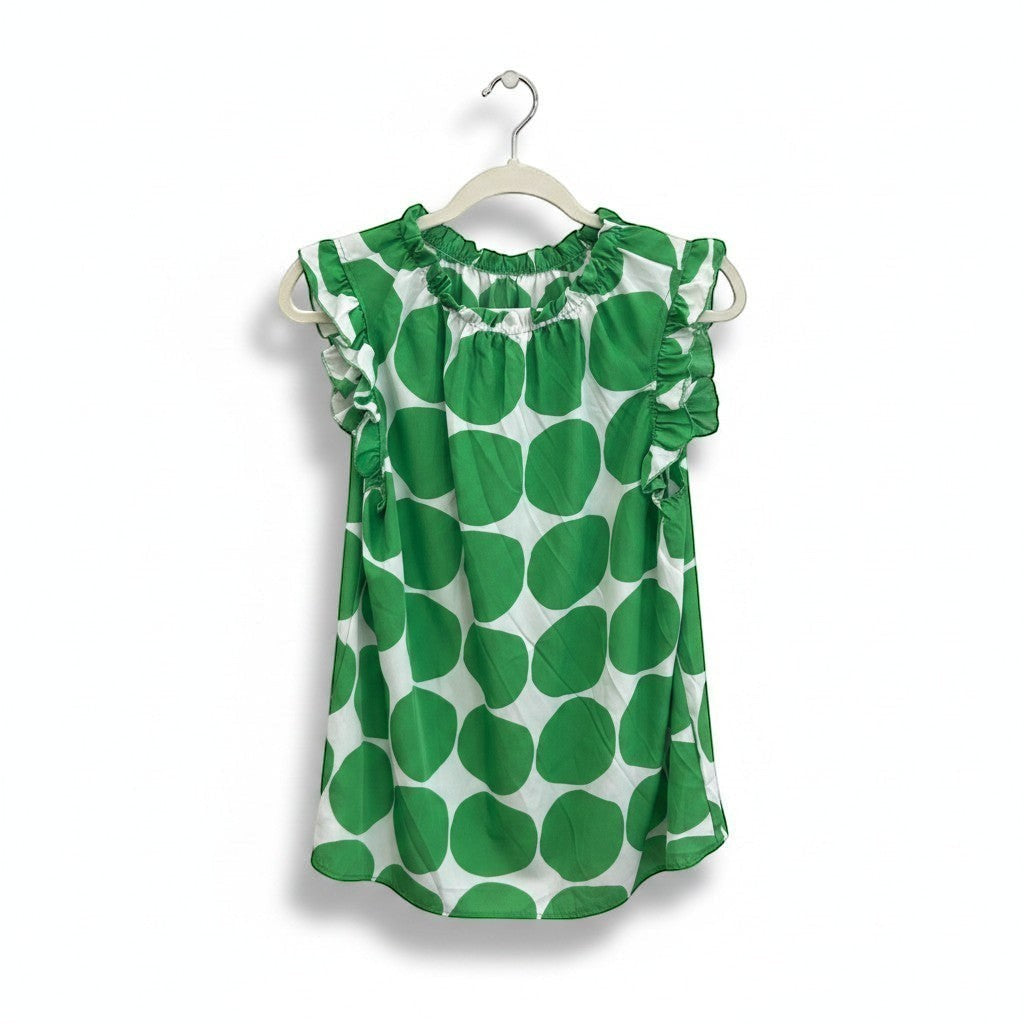 Chic Collective green and ivory big polka dot ruffle blouse with short flutter sleeves and a gathered neckline.