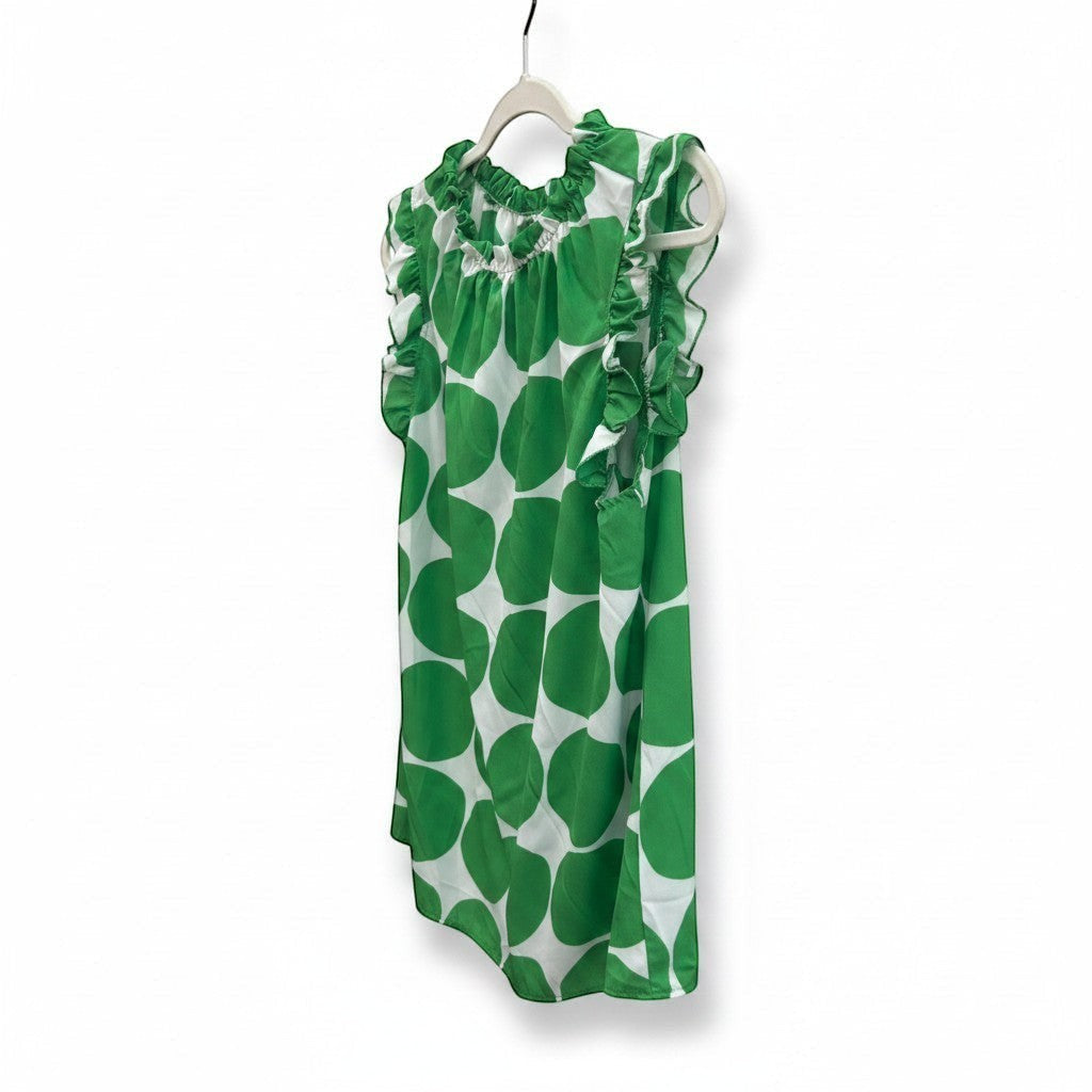 Chic Collective green and ivory big polka dot ruffle blouse with short flutter sleeves and a ruffled neckline.